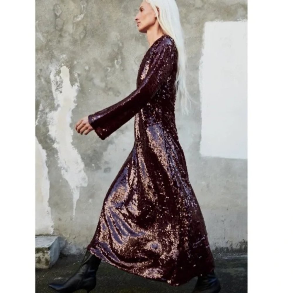 Zara limited edition burgundy sequin dress S